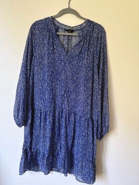 Banana Republic Blue Micro-Print Long Sleeve Dress